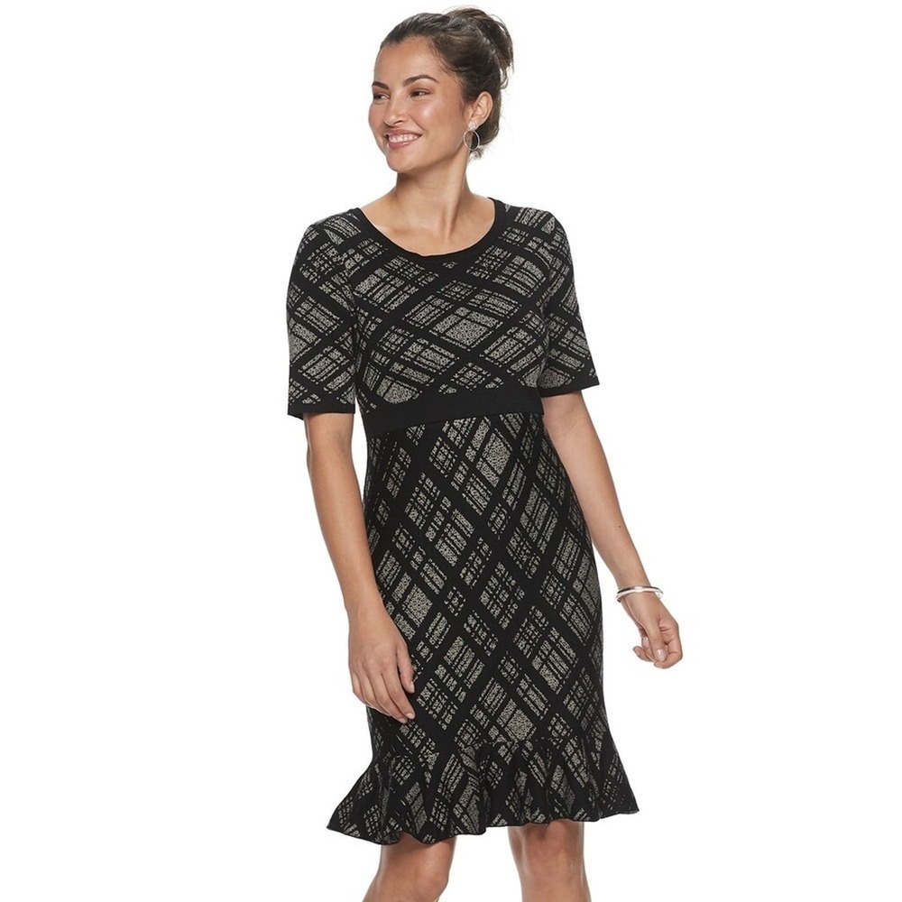 NWT Nina Leonard Plaid Printed Ruffle Hem Knit Dress Large Office Job Career